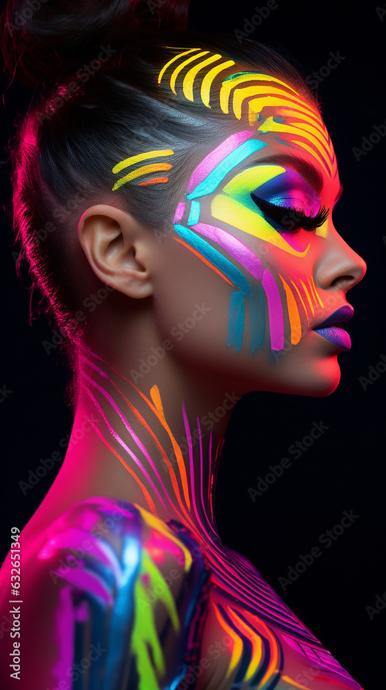 Fototapeta premium Retrato de uma jovem com maquiagem de arte de fantasia. Look de maquiagem ousado que incorpora a vibe cyberpunk, cores neon,