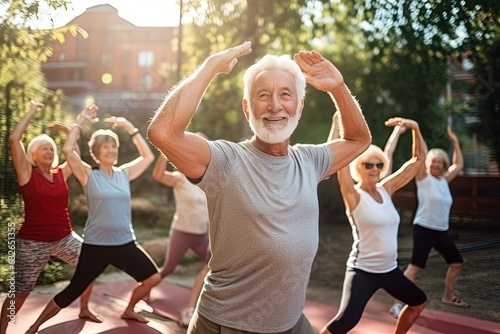 Elderly people during outdoor training. The retirement community supports health.