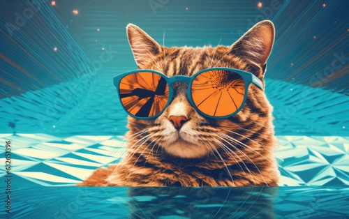 Funny fluffy cat in sunglasses is relaxing in the pool while on vacation in the tropics. Vacation and travel concept. cat in sunglasses