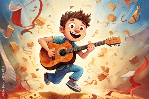 Illustration of child learning to play the guitar