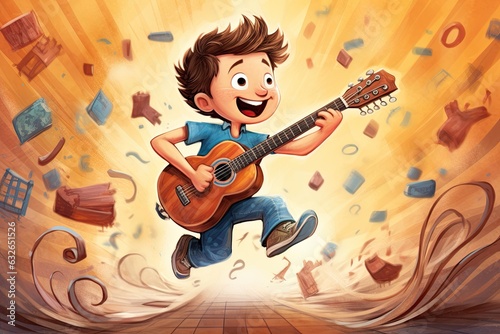 Exciting cartoon drawing of young boy learning to play his guitar