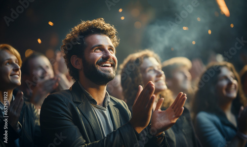 Happy audience applauding at a show or business seminar,theater performance listening and clapping at conference and presentation.Group of supporters,fans cheering excited applauding