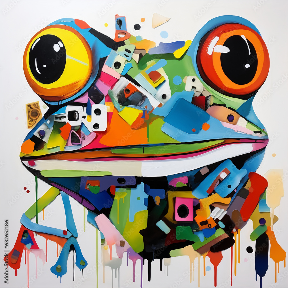 Frog face in Bauhuas style.  AI Generated. Bright block colors