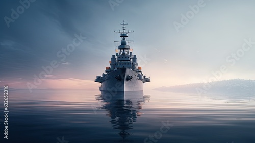 Fotografia battleship at rest in calm open sea without sailors generative AI