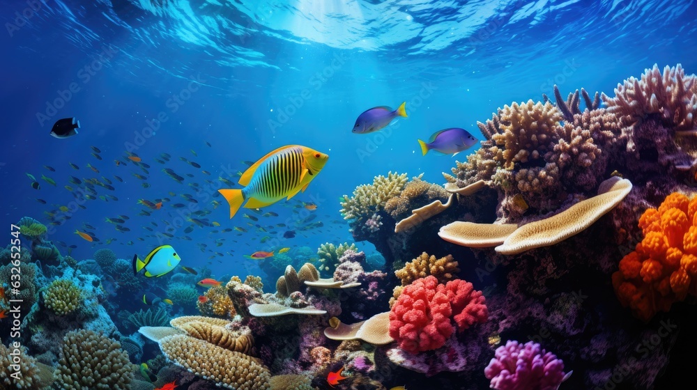 beautiful great barrier reef underwater assorted tropical fish brightly colored corals generative AI