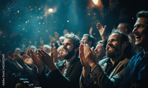 Happy audience applauding at a show or business seminar,theater performance listening and clapping at conference and presentation.Group of supporters,fans cheering excited applauding photo