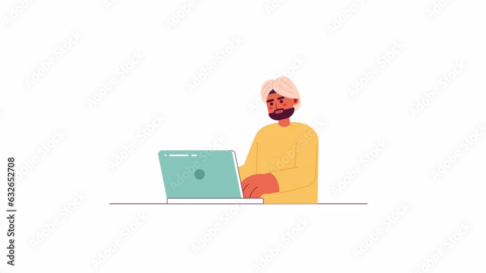 Turban indian student on laptop 2D character animation. Indian male typing flat cartoon 4K video, transparent alpha channel. Adult bearded man studying at computer animated person on white background