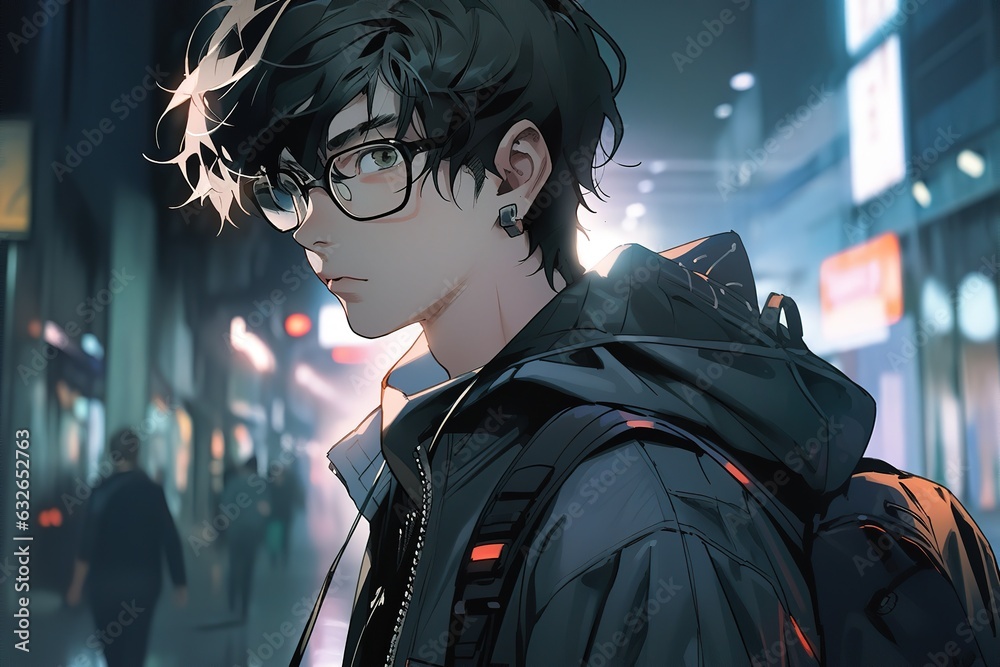 lonely pensive anime guy in glasses with black hair on the background of a city street at night Stock Illustration Adobe Stock