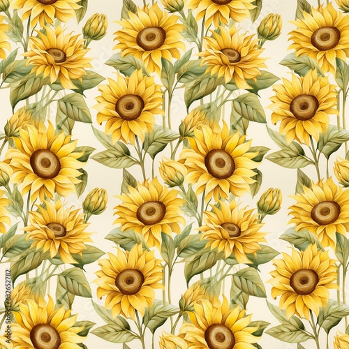 abstract floral seamless pattern of watercolor sunflowers on white background