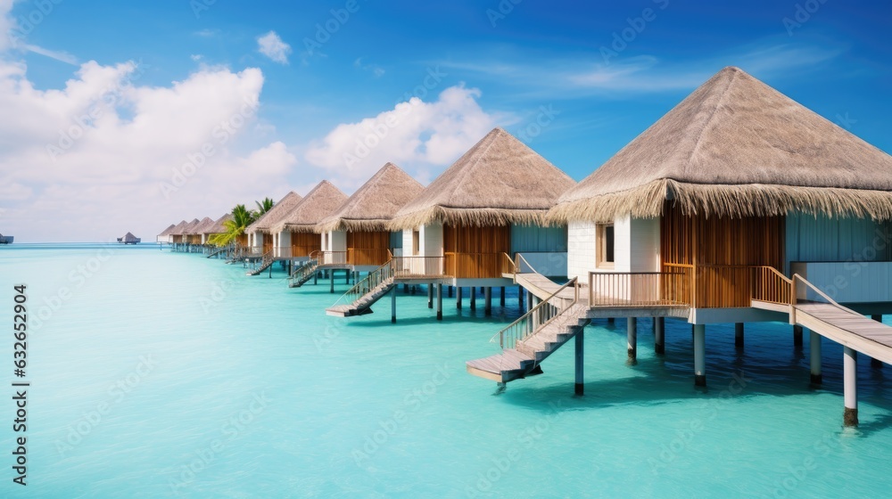 beautiful tropical beach maldives islands ocean water bungalows overwater huts generative AI