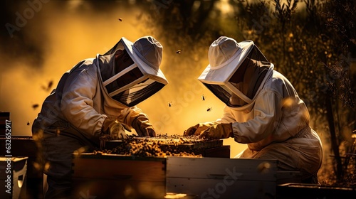 beekeepers tending to hive boxes generative AI photo