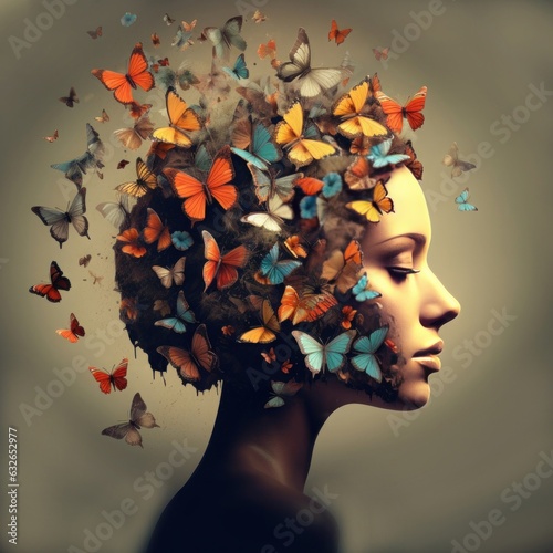 Human mind of a woman with  butterflies, self esteem and mental health concept, positive thinking, creative brain, Generative AI © Morningmaze