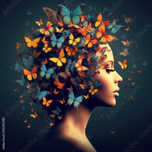 Human mind of a woman with  butterflies, self esteem and mental health concept, positive thinking, creative brain, Generative AI © Morningmaze