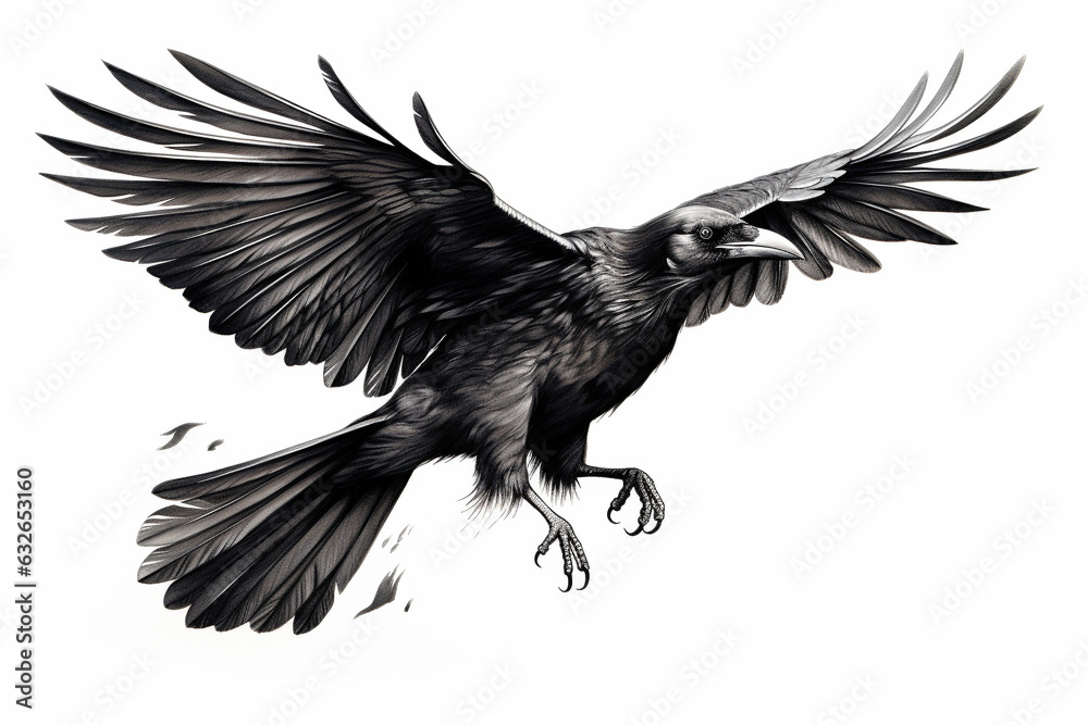 Fototapeta premium beautiful black and white drawing of black crow. isolated in white. generative ai.