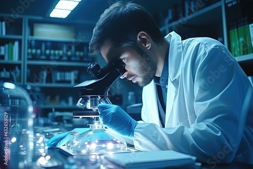 A young male researcher is working in a laboratory of a research institute. Creation of innovative medicines and vaccines.