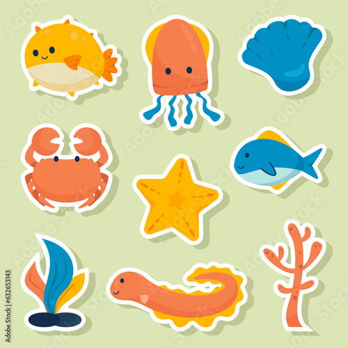 Marine Life Cute element Animal Life in under sea. Underwater animal creature and fish