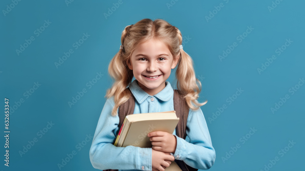 Cute smiling schoolgirl standing with books on blue background. Created with Generative AI technology. Cute smiling schoolgirl standing with books on blue background. Created with Generative AI technology.