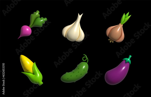 Inflatable Vegetables. Inflated 3D element with the plasticine effect. Set icon radish, garlic, onion, corn, cucumber, eggplant. Vector illustration