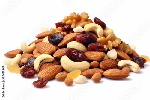Mix of nuts and dry fruits isolated on a white transparent background, almonds, walnuts, hazelnuts and raisons on a pile, healthy food, Generative AI