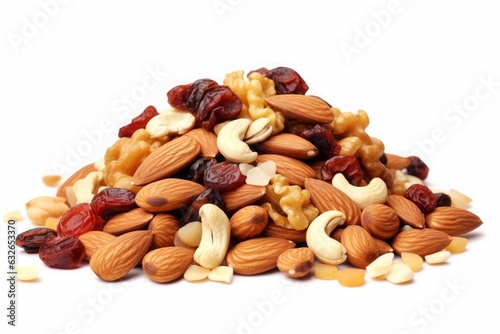 Mix of nuts and dry fruits isolated on a white transparent background, almonds, walnuts, hazelnuts and raisons on a pile, healthy food, Generative AI photo