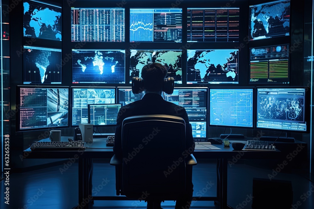 Back view of a computer security specialist gathers information while sitting in front of multiple monitors. Analytics of security systems and reflection of hacker attacks. Back view of a computer security specialist gathers information while sitting in front of multiple monitors. Analytics of security systems and reflection of hacker attacks.