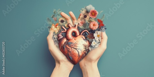 Hands holding human heart with flowers, love and emotion concept,  good hearted person, help and charity, Generative AI