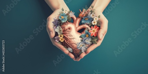 Hands holding human heart with flowers, love and emotion concept, good hearted person, help and charity, Generative AI