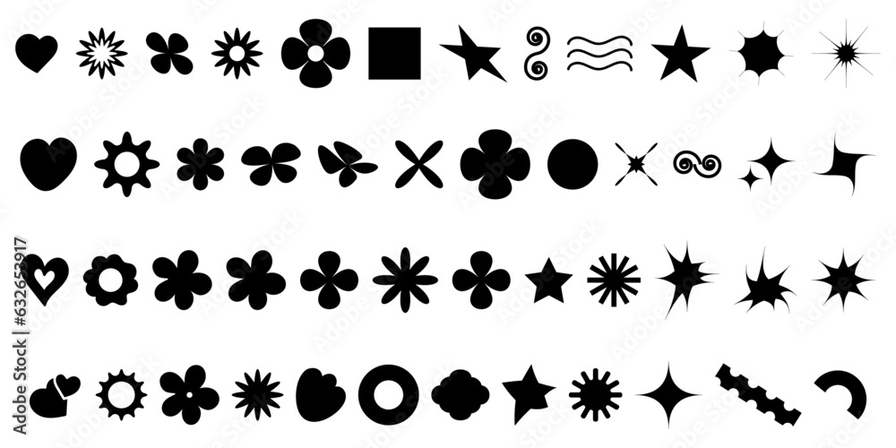 Black flowers and figures of icons. Floral organic shape, cloud star and other elements in a fashionable, playful, brutal style. Vector illustrations isolated on a white background