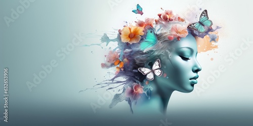 Human brain with flowers, butterflies and water splash, self care and mental health concept, positive thinking, creative mind, Generative AI © Morningmaze