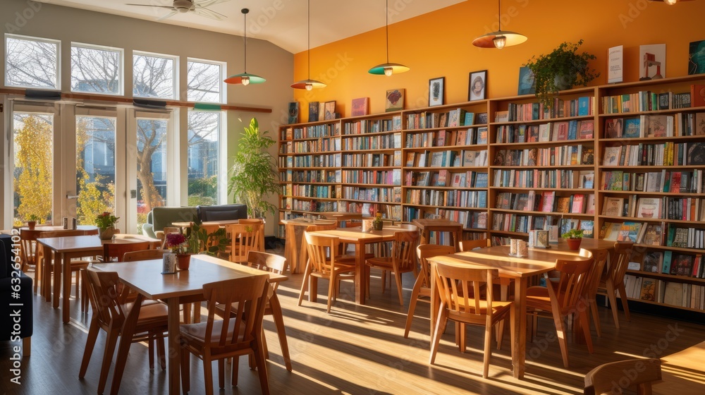 bright and inviting bookstore cafe with comfortable seating generative AI