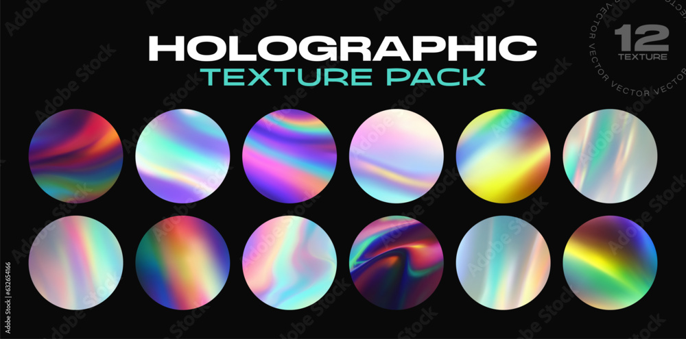 Holographic stickers. Hologram labels of different shapes. Sticker shapes for design mockups. Holographic textured stickers for preview tags, labels. Vector illustration