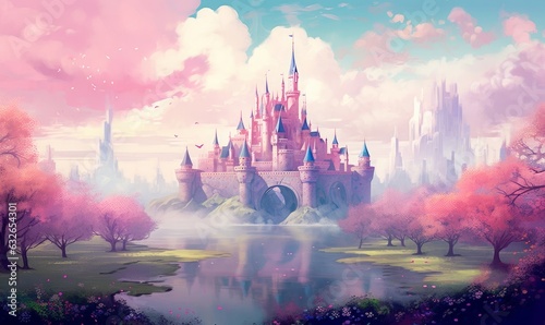 Illustration of a fairytale dreamlike castle in pastel colors, magical and mystical medieval kingdom, Generative AI