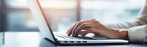 A professional businesswoman's hands move swiftly across a laptop computer keyboard as she navigates the internet within her office. The composition offers ample copy space for a web banner