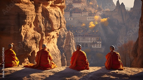 buddhist monks in orange saffron robes meditating praying outdoors rocky cliffs, datong hanging monastery china precipitous height generative AI photo