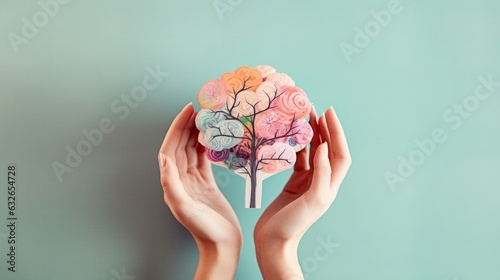 Hands holding paper head, human brain with flowers, self care and mental health concept, positive thinking, Generative AI