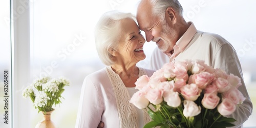 Happy elderly couple with bouquet of flowers at home