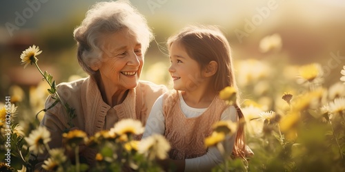 Great-grandmother and granddaughter stand in a flower field on a summer day.