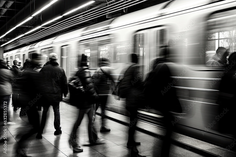 black and white photo of a crowded subway station with motion blur - created using generative AI tools black and white photo of a crowded subway station with motion blur - created using generative AI tools