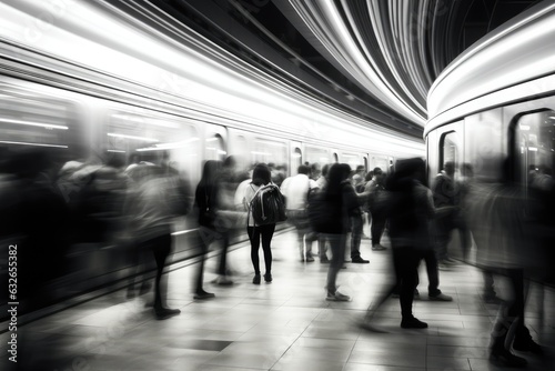 black and white photo of a crowded subway station with motion blur - created using generative AI tools © Salander Studio