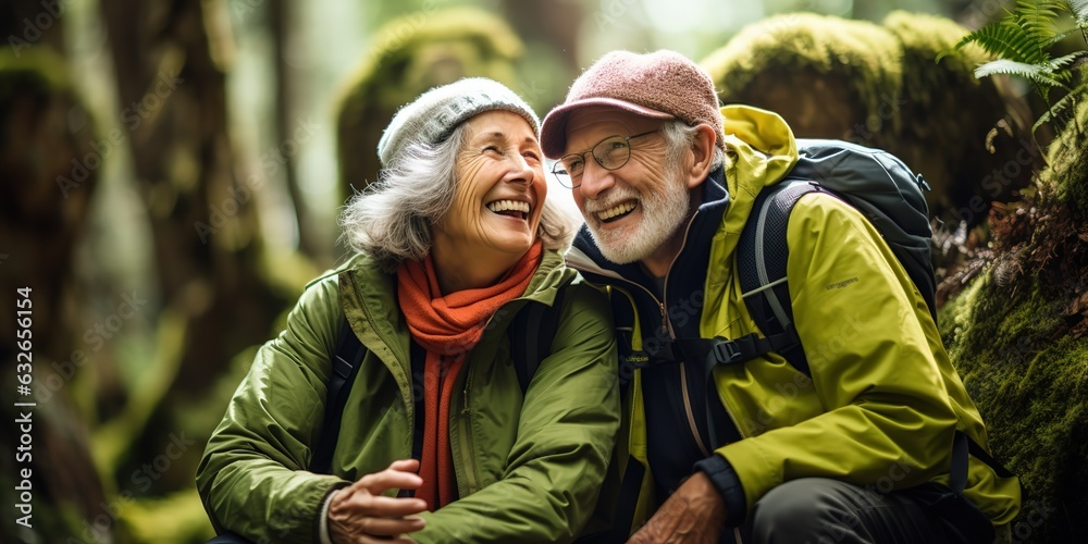 Cheerful elderly couple enjoy nature outdoors in a mountain forest with moss-covered trunks.