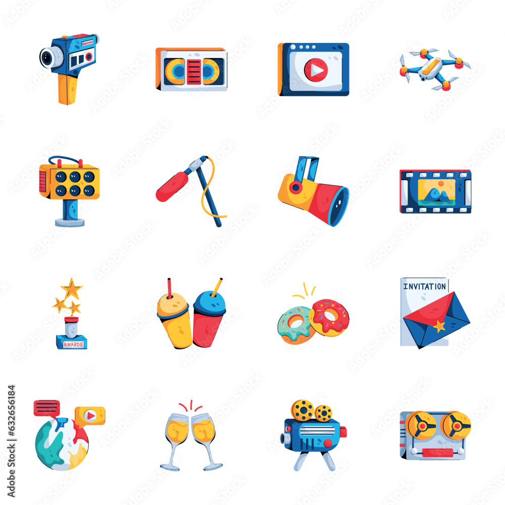 Modern Pack of Cinema Entertainment Flat Icons 
