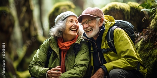 Cheerful elderly couple enjoy nature outdoors in a mountain forest with moss-covered trunks.