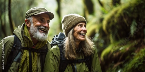 Cheerful elderly couple enjoy nature outdoors in a mountain forest with moss-covered trunks.