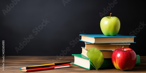 School background with books and apple over blackboard