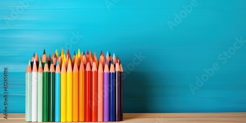 Many different colored pencils on a wooden table, the beginning of the school year. photo