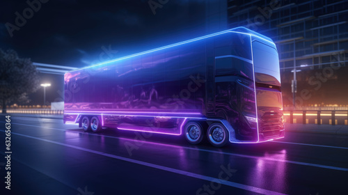 Futuristic truck with neon lights on night road.Created with Generative AI technology.