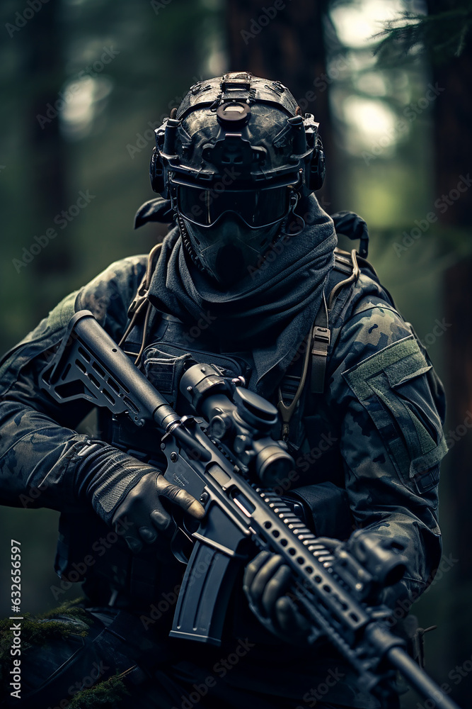 soldier with gas mask with forest as background soldier with gas mask with forest as background