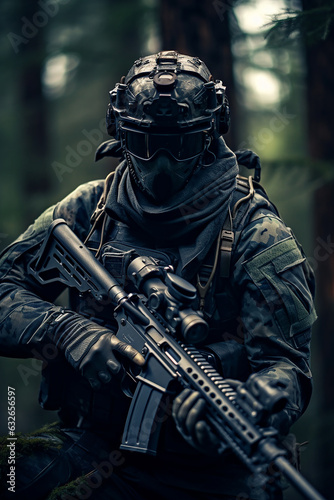 soldier with gas mask with forest as background