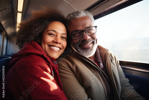 Run away from everyone to be alone with your loved one. A middle-aged couple rides a train, smiling thoughtfully, enjoy each other.