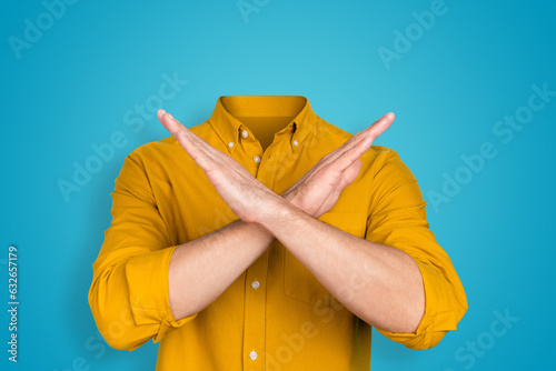 Fényképezés Photo collage of weird bizarre freak strange man showing stop gesture crossed ha